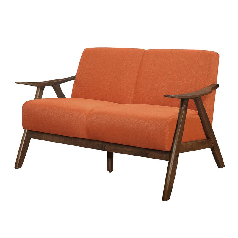Indy 51 Inch Loveseat, Brown Wood Angled Frame, Textured Orange Fabric - Benzara
