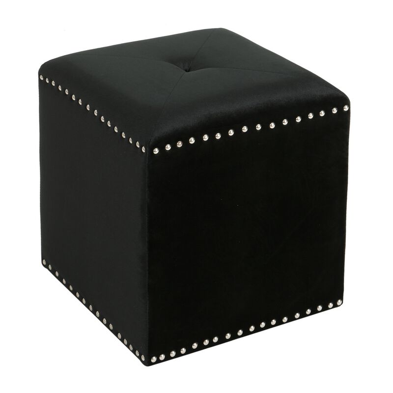 Neli Ottoman, Black Velvet, Single Tuft on Top, Nailhead Trim, 17 Inch - Benzara
