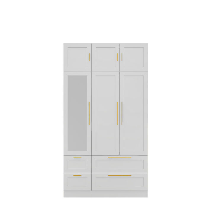 FUFU&GAGA Modern Wardrobe with Gold Handles, Spacious Storage and Hanging Rods (47" W x 20.5" D x 86.7" H),White