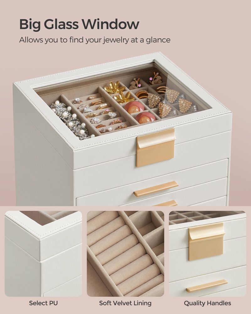 Elegant 6-Layer Jewelry Box with Glass Lid and 5 Drawers - Perfect Gift for Loved Ones