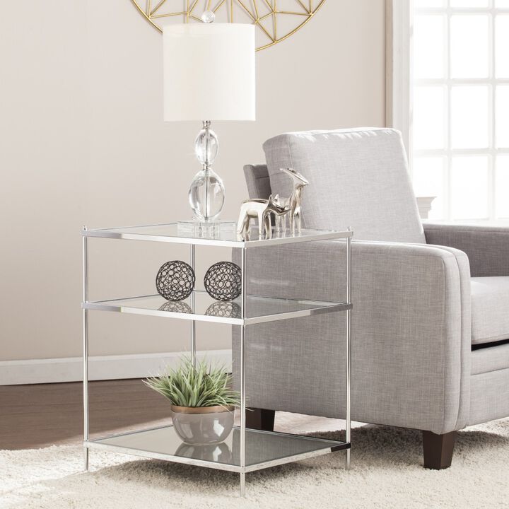27"" Chrome Glass And Iron Rectangular Mirrored End Table With Shelf
