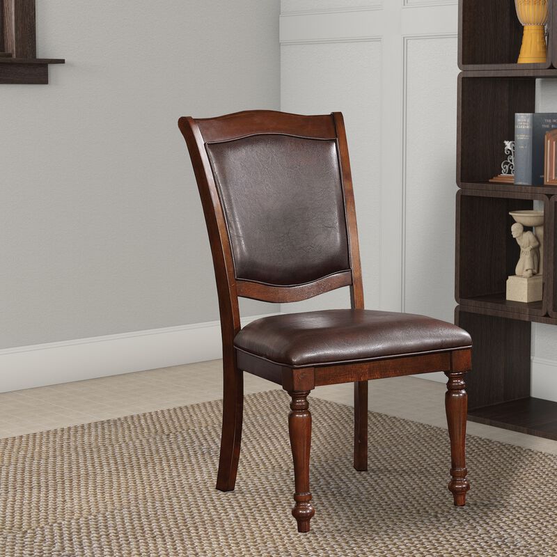 Wooden Side Chair with Leatherette Cushioned Seating, Brown, Set of 2-Benzara