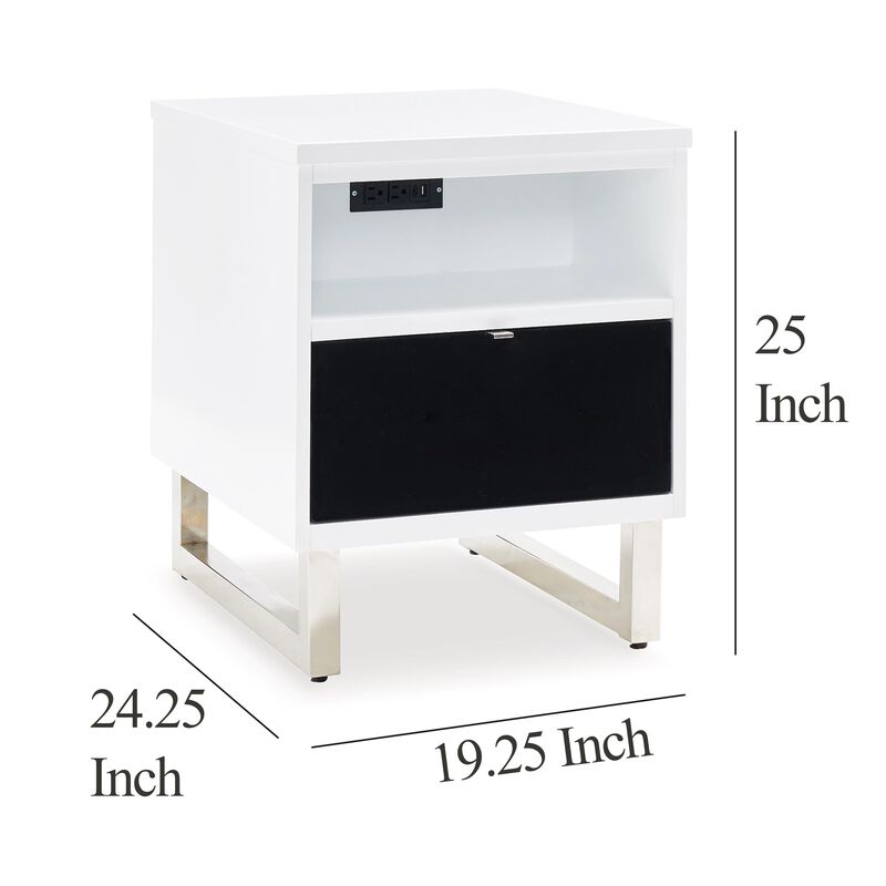 Tonny Chair Side Table, Dual USB Ports, Black Glass, White, 24 Inch - Benzara