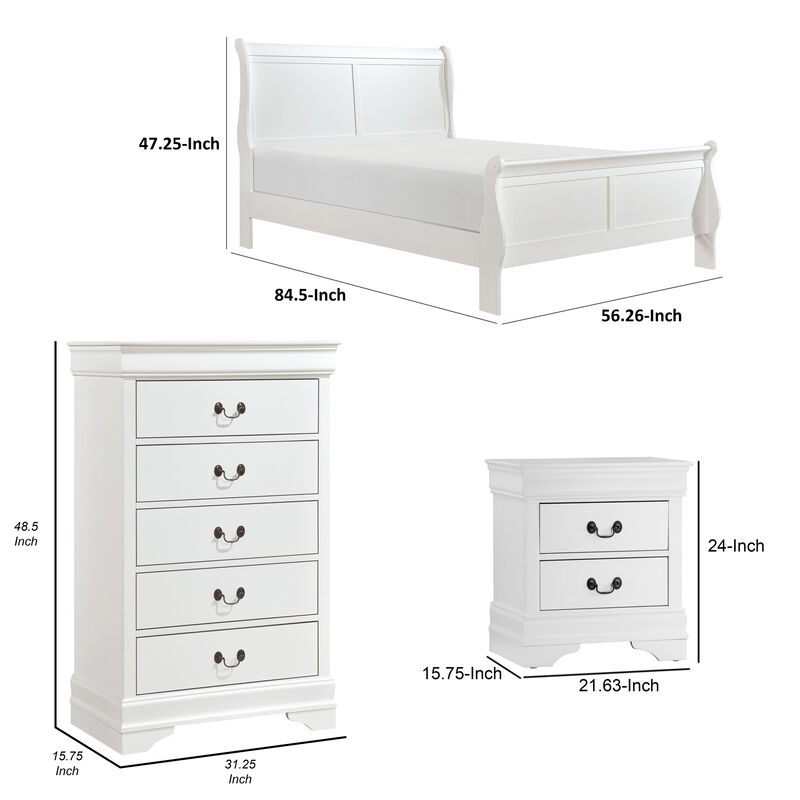 Fy Three Piece Full Size Bedroom Set, Modern Brass Metal Handles, Classic White - Benzara