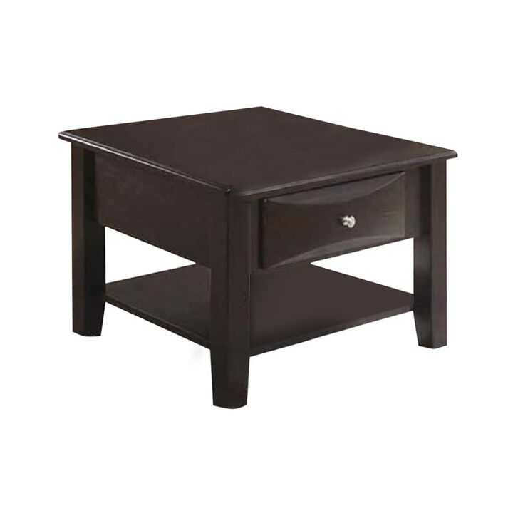 24 Inch Classic Square End Table, Single Drawer, Bottom Shelf, Brown Wood-Benzara