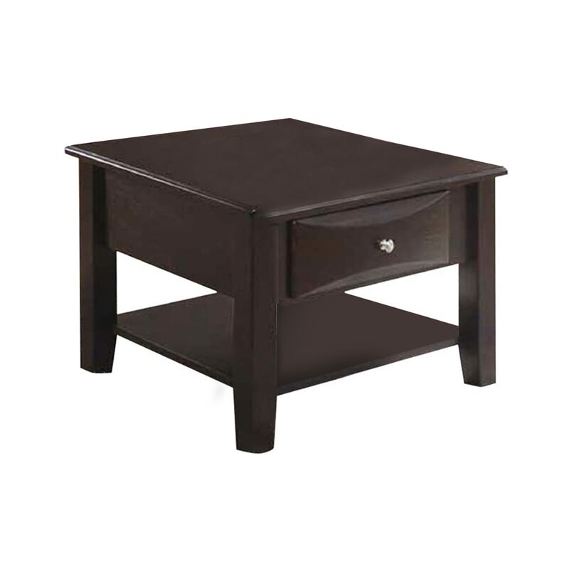 24 Inch Classic Square End Table, Single Drawer, Bottom Shelf, Brown Wood-Benzara