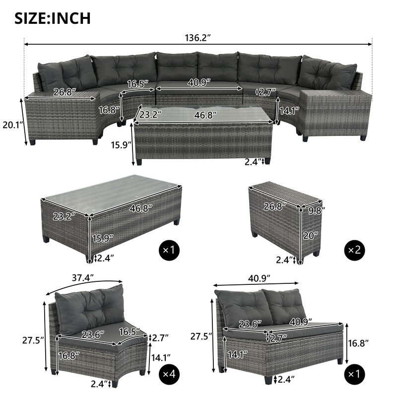 Merax 8-pieces Outdoor Wicker Round Sofa Set，Curved Sofa Set With Rectangular Coffee Table