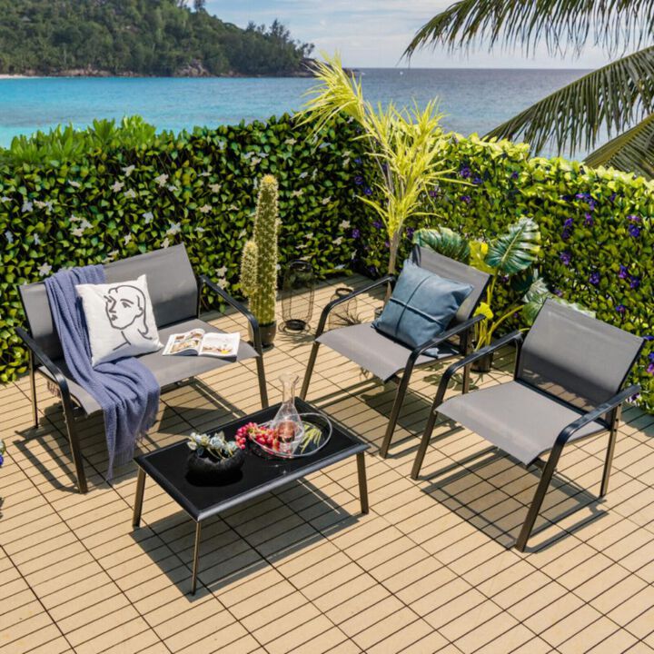 Hivvago 4 Pieces Patio Furniture Set with Armrest Loveseat Sofas and Glass Table Deck