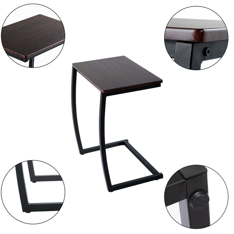 C-Shaped Bedside Table with Metal Frame, Coffee Brown