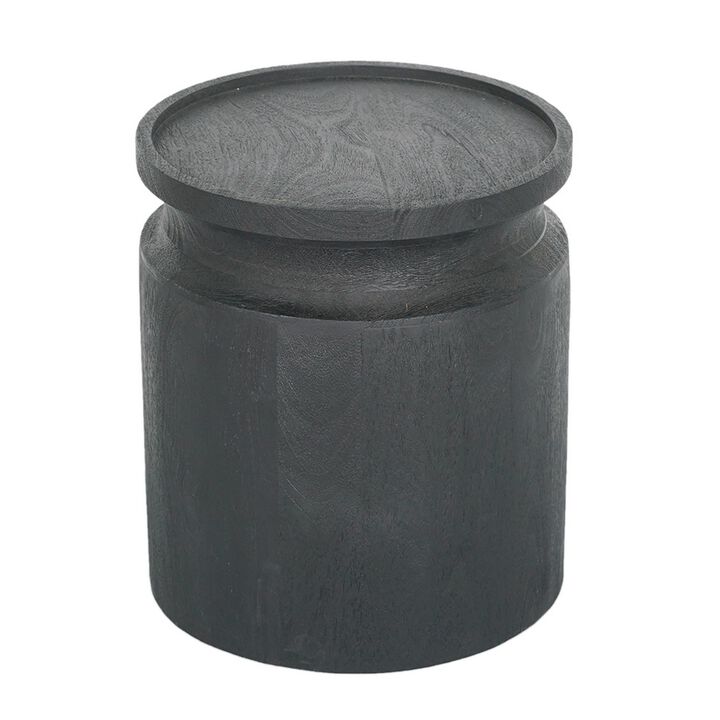 16 Inch Side End Table, Modern Cylinder Jar Like Design, Mango Wood, Black - Benzara