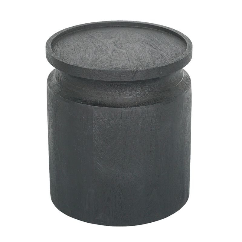 16 Inch Side End Table, Modern Cylinder Jar Like Design, Mango Wood, Black - Benzara