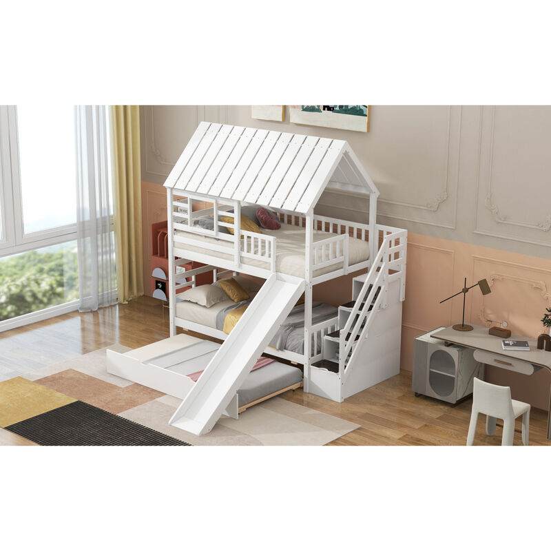Twin Over Twin House Bunk Bed With Trundle And Slide, Storage Staircase, Roof And Window Design