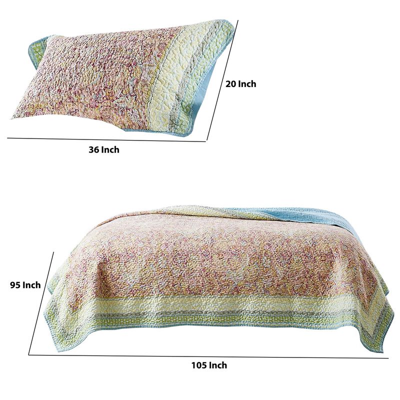 Denver 3 Piece King Cotton Quilt Set with Fern Branches Print, Multicolor - Benzara