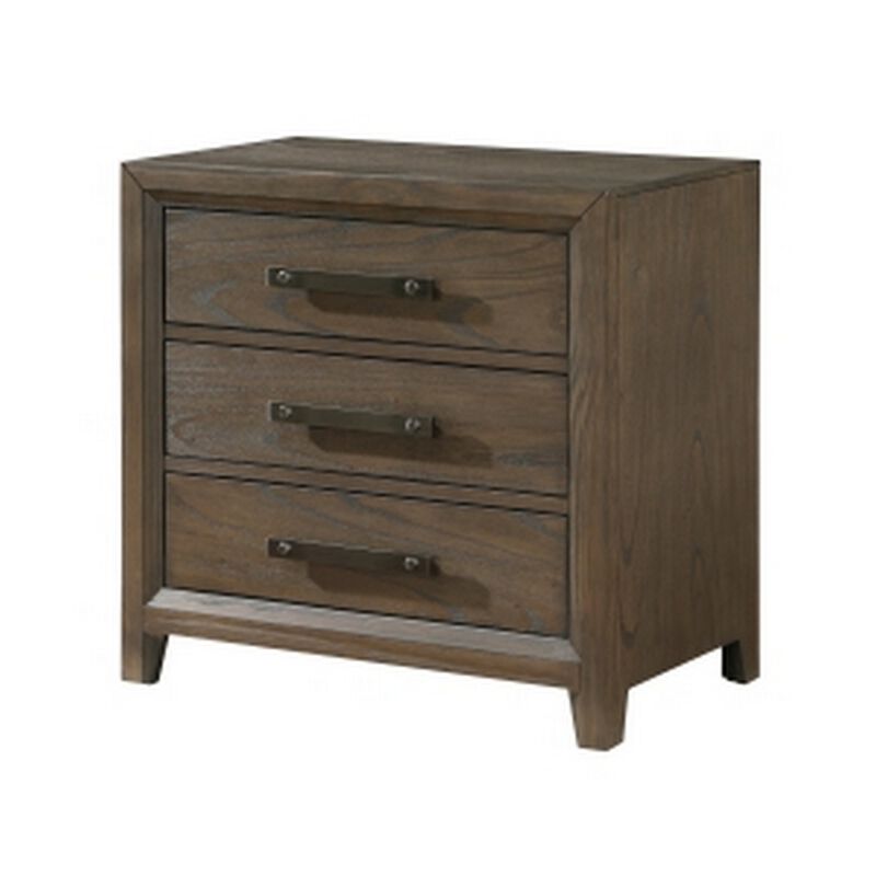 Wyn 27 Inch Nightstand, 3 Drawers, Nickel Handles, Brushed Walnut Brown - Benzara