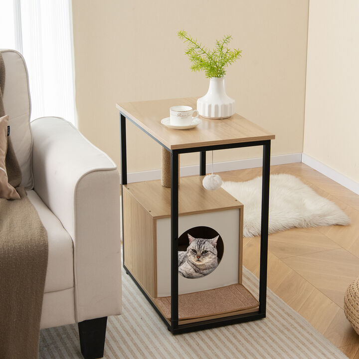 Cat Furniture End Table with Cat House and Scratching Post – Stylish Pet Furniture