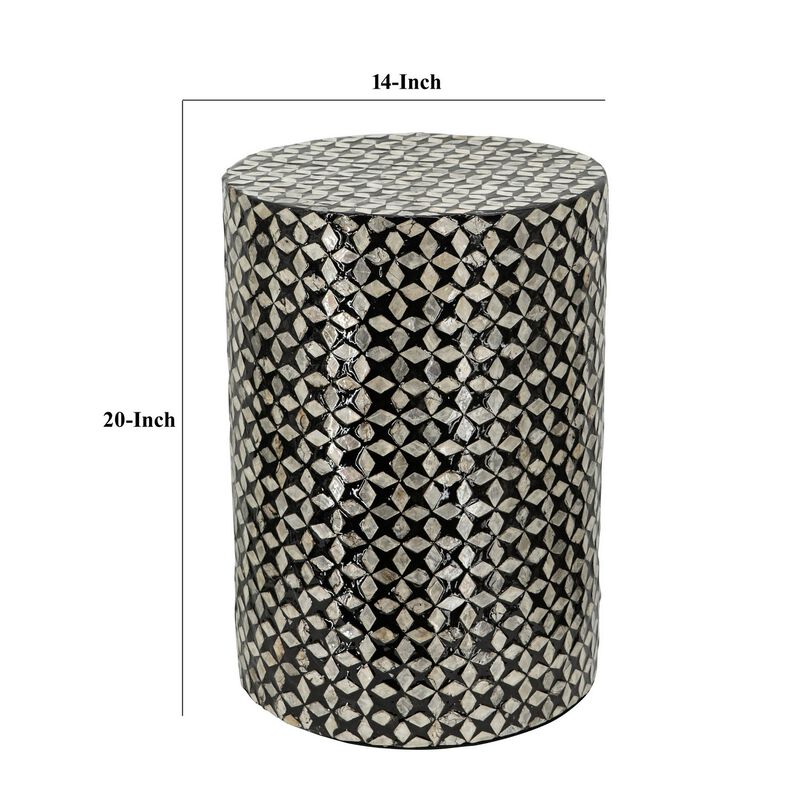 20 Inch Capiz Accent Stool Table, Cylindrical Geometric, Silver, Black - Benzara