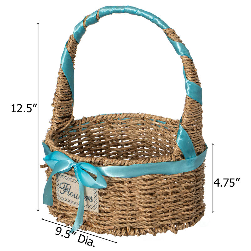 Wickerwise Small Seagrass Wicker Picnic Basket with Handle - Versatile Gift Basket with Blue Ribbon for New Year and Other Occasions, Garden and Home Decor, Natural Wicker Basket and Storage Solution