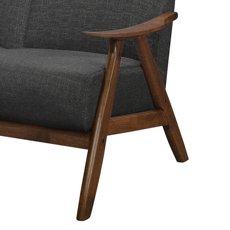 Indy 51 Inch Loveseat, Brown Rubberwood Angled Frame, Textured Gray Fabric - Benzara