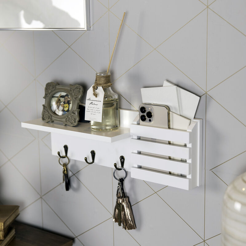 Mail and Key Wall Shelf Organizer with Pocket and Hanging Hooks