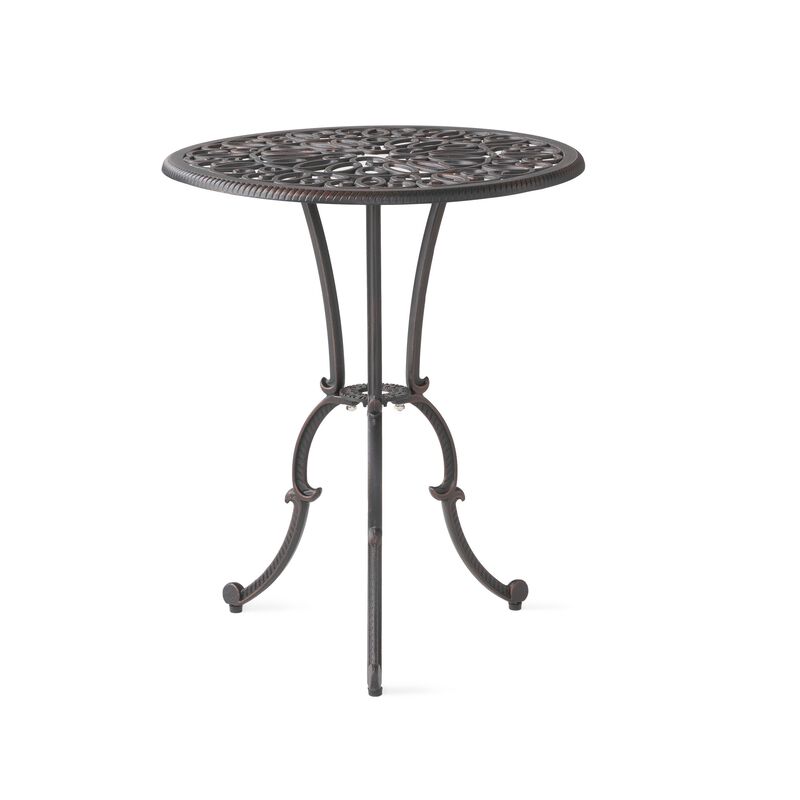 Charlie 3 pcs Bistro Set w Umbrella Hole, Cast Aluminum in Copper - Benzara