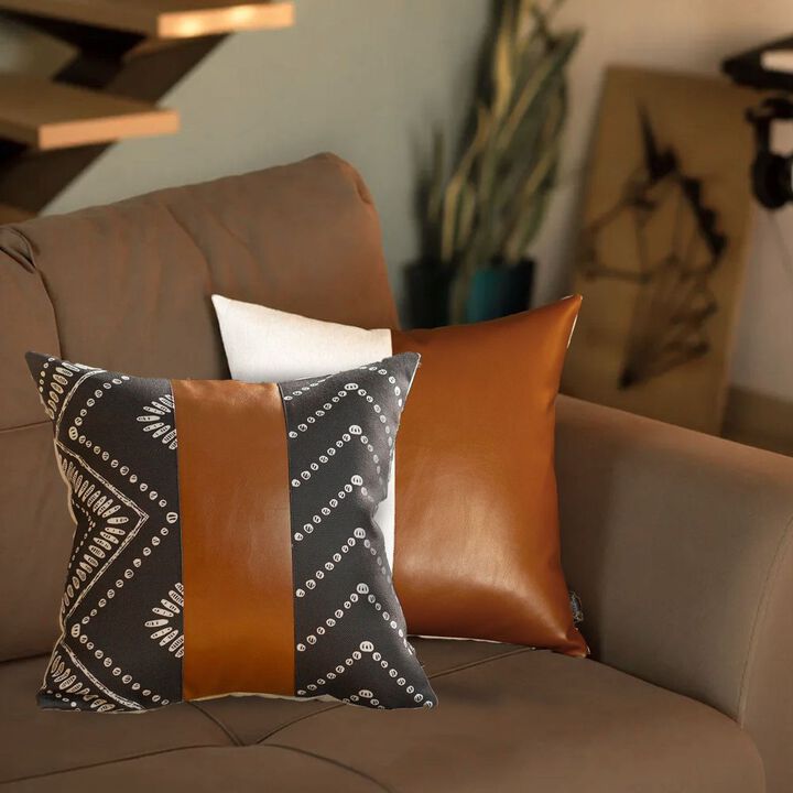 Hivvago Set of 2 Black and  Brown Faux Leather Throw Pillows