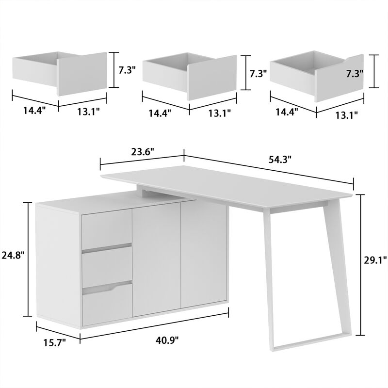 54.3 in. Reversible L-Shaped White Wood Writing Desk Office Workstation With Adjustable Shelves, Drawers, Doors Cabinet