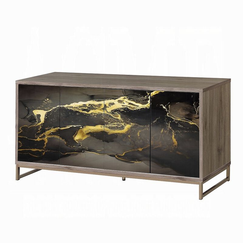 Loila Sideboard Console Cabinet, Black Marble Look, Brown Wood 65 Inch - Benzara