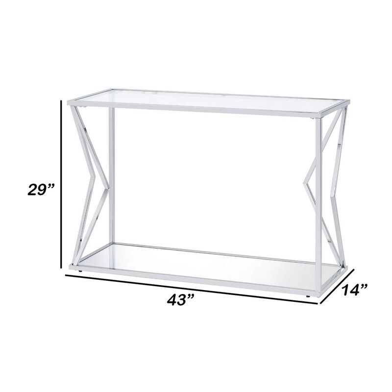 Sofa Table with Glass Top and Bottom Shelf and Geometric Accent, Silver-Benzara