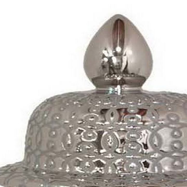 25 Inch Temple Jar, Ceramic Construction, Removable Lid, Silver Finish - Benzara