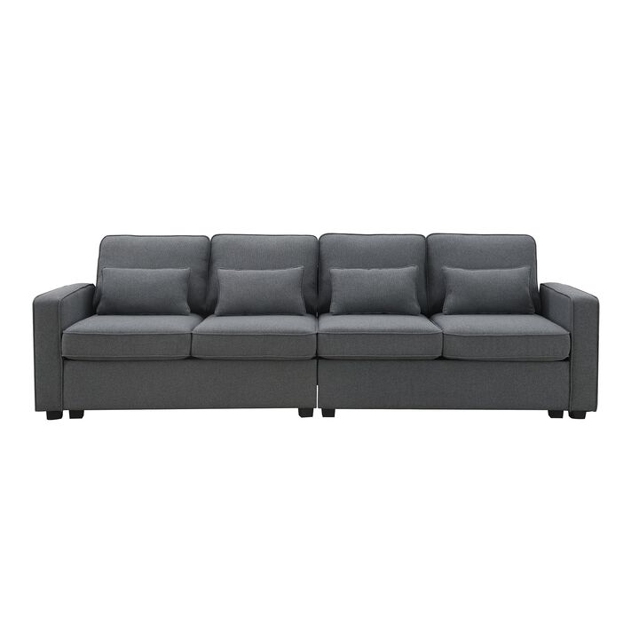 MONDAWE 4-Seater Modern Linen Fabric Sofa with Armrest Pockets and 4 Pillows,Minimalist Style Couch for Living Room, Apartment, Office