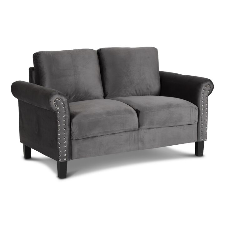 Judy 60 Inch Velvet Upholstered Loveseat with Nailhead Trim, Gray-Benzara