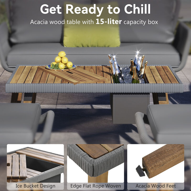 Unique Rope Woven Sofa Set with 2-in-1 Wood Cool Bar Table