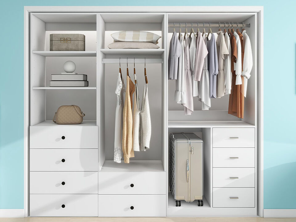 Wooden Closet Shelving System with 10 Drawers, Walk in Closet with Hanging Rail for Bedroom