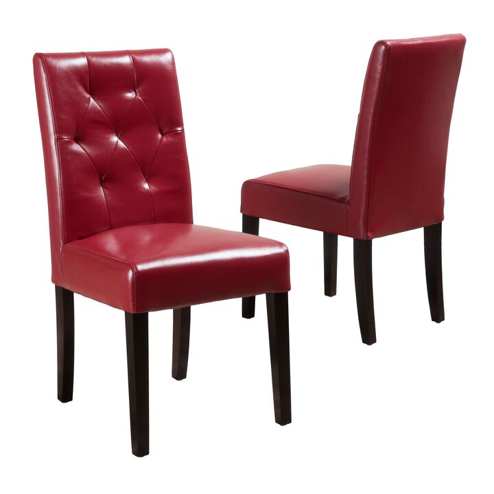 Lucie Dining Chair Set of 2, Red Bonded Leather, Tufted Back, Black - Benzara