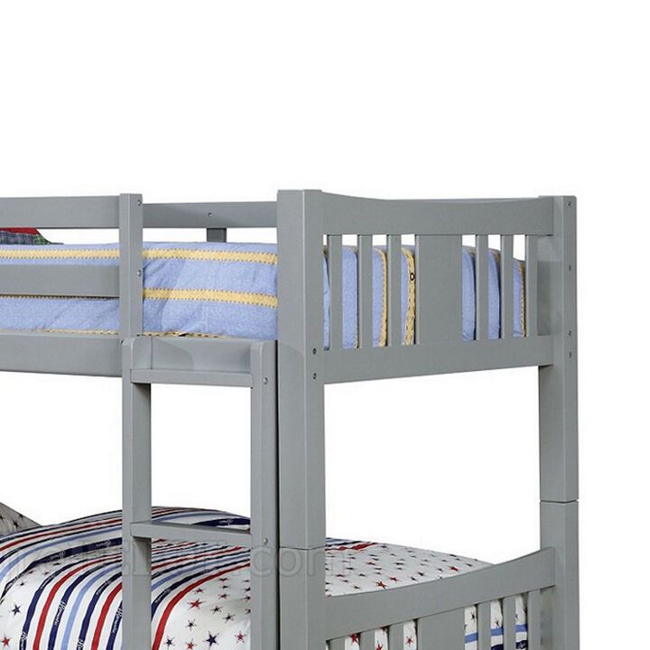 Slatted Twin Over Twin Bunk Bed with Attached Ladder, Gray-Benzara
