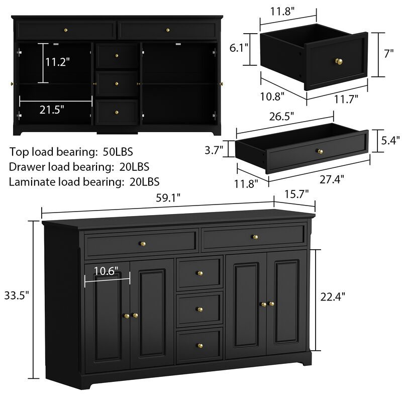 Black Wood 59.1 in. W Sideboard with 2-Large Drawers, 3-Small Drawers and 2-Cabinets 33.5 in. H x 15.7 in. D