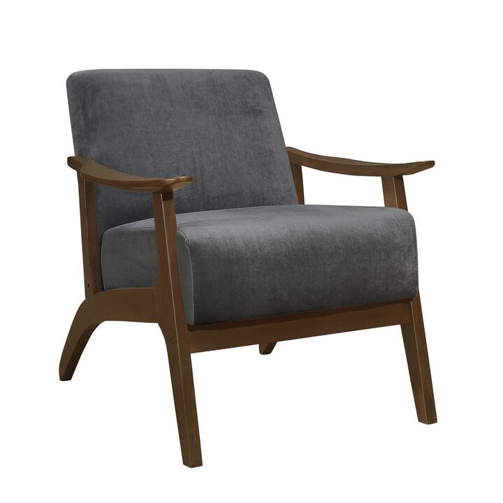 Rica 32 Inch Accent Armchair, Curved, Dark Gray Velvet, Brown Solid Wood - Benzara