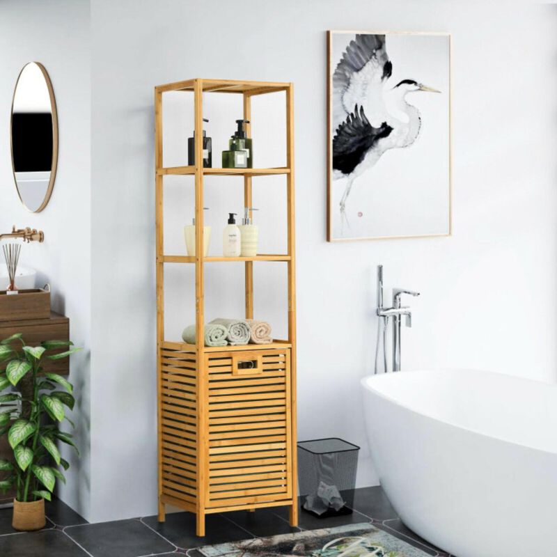 Hivvago Bamboo Tower Hamper Organizer with 3-Tier Storage Shelves