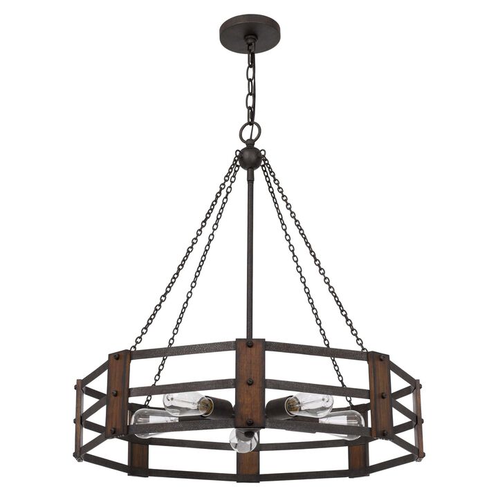 Chandelier with Octagonal Cage Design Metal Frame and Wood Accents, Brown - Benzara