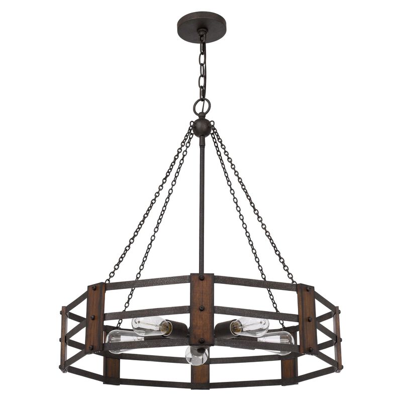 Chandelier with Octagonal Cage Design Metal Frame and Wood Accents, Brown - Benzara
