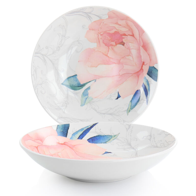 Martha Stewart Peony 2 Piece 9 Inch Fine Ceramic Dinner Bowl Set in Pink