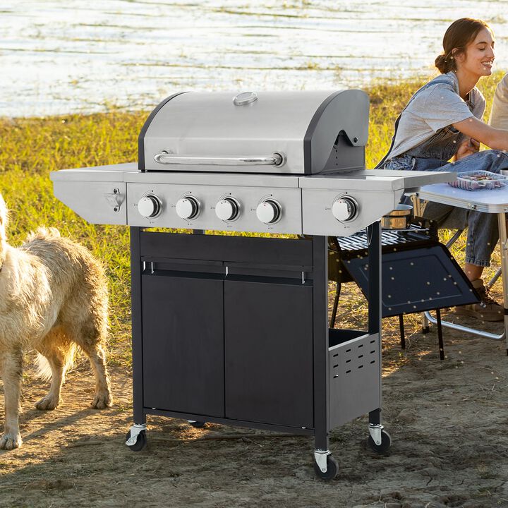MONDAWE Propane Gas Grill Barbecue Grill with Side Burner and Thermometer for Outdoor BBQ, Camping, Patio, Yard and Garden Grill Cooker (4 Burners)