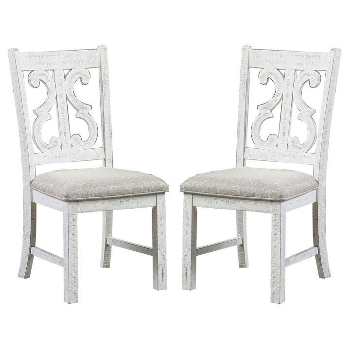 Open Scroll Back Wooden Side Chair with Padded Seat, Set of 2, White - Benzara