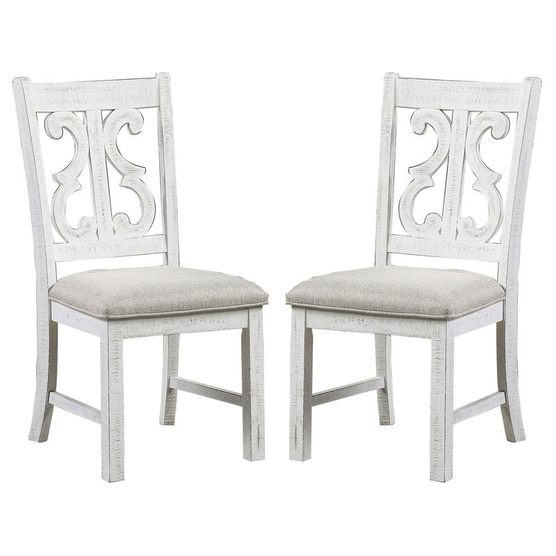 Open Scroll Back Wooden Side Chair with Padded Seat, Set of 2, White - Benzara