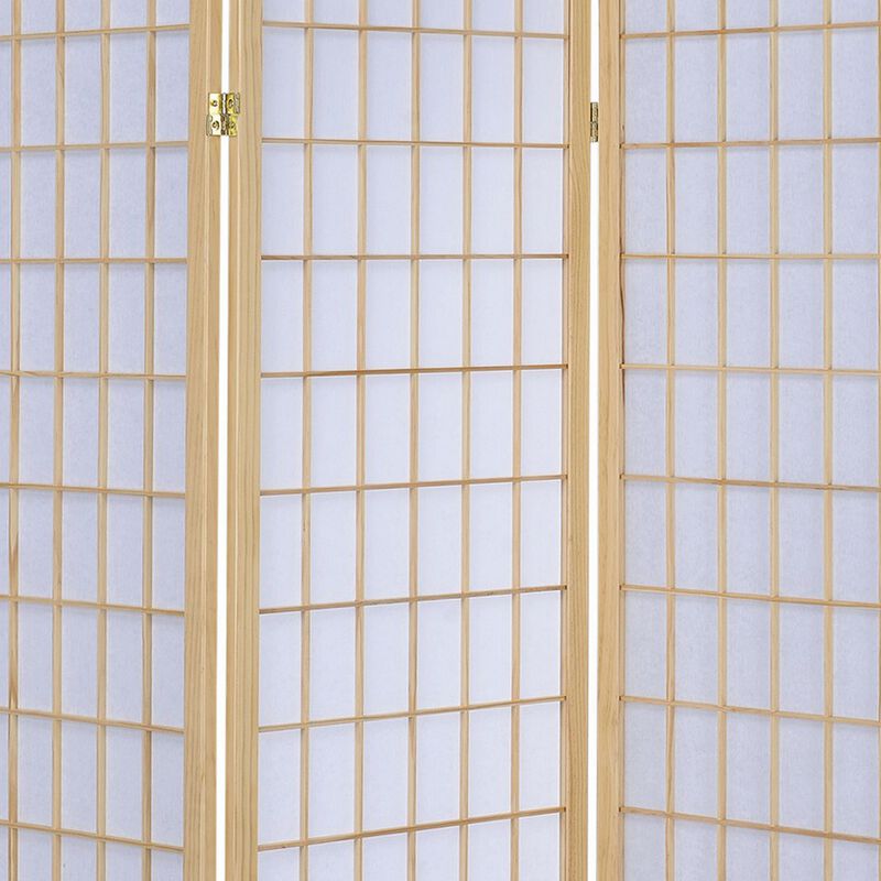 3 Panel Foldable Wooden Frame Room Divider with Grid Design, Brown-Benzara