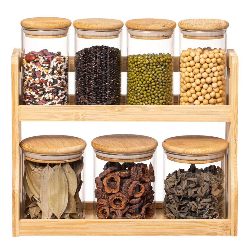 Basicwise Versatile 2-Tier Bamboo Spice Rack and Pantry Organizer with 7 Glass Jars – Perfect for Countertop Storage in Kitchens to Keep  Seasoning Containers Neatly Displayed and Easily Accessible