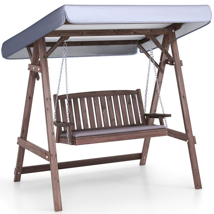 Hivvago 2-Person Porch Swing with Fir Wood Stand and Tilt Canopy