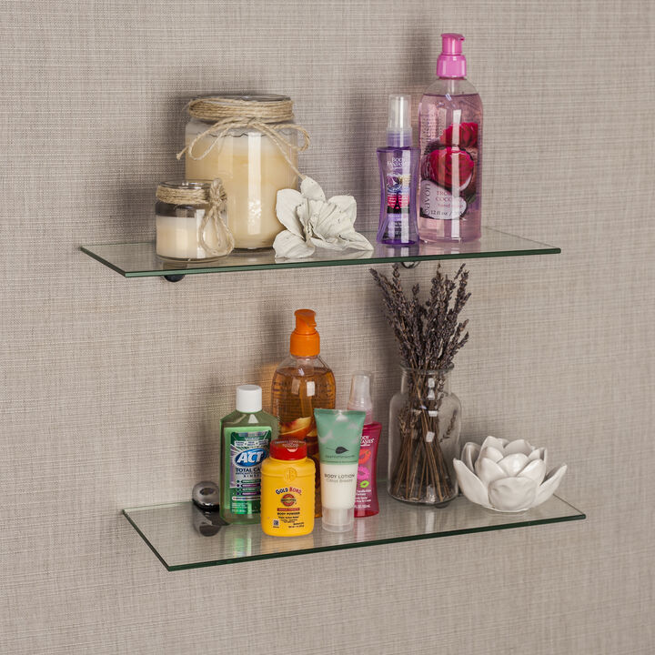 Set of 2 Glass Floating Shelves with Chrome Brackets 16 x 6"