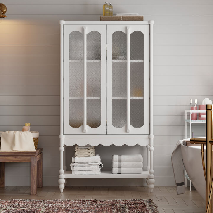 FUFU&GAGA Elegant White Bathroom Storage Cabinet – 2 Glass Doors & Open Shelf, Sturdy MDF Bathroom Organizer (34.8" W x 15.7" D x 62.2" H), White