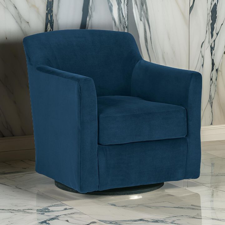 Leena Swivel Accent Chair, Blue Velvet, Shelter Style Arms, Black Wood - Benzara